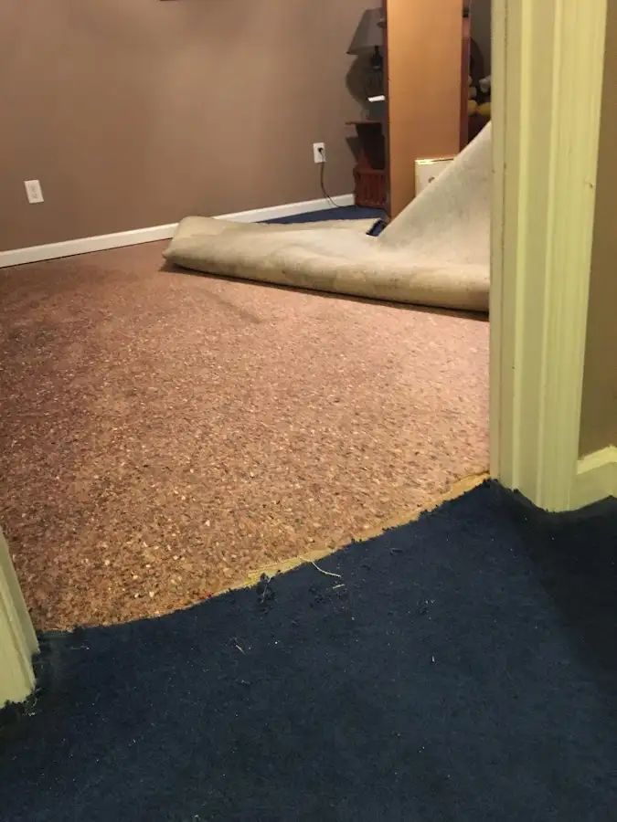 Carpet pad removal revealing water damage during Water Mitigation Services in Garden City